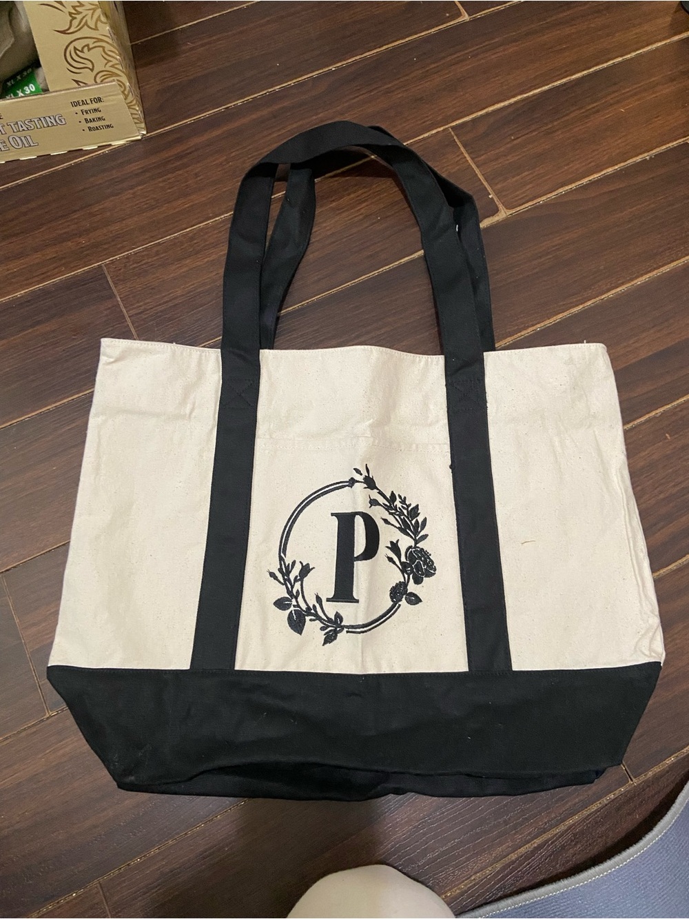 Ivory Canvas Tote Bag with “P” Initial and Black Handles